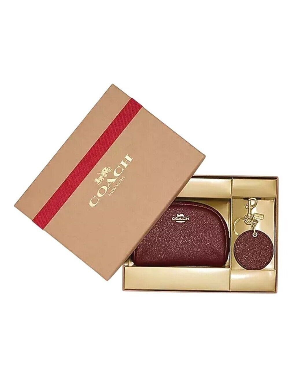 COACH GIFT BOXED DOME COSMETIC CASE & MIRROR BAG CHARM SET IN GOLD BLACK CHERRY